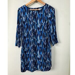 Boden Beauford Watercolor Blue Abstract Brushstroke Shift Dress US 6R 3/4 Sleeve